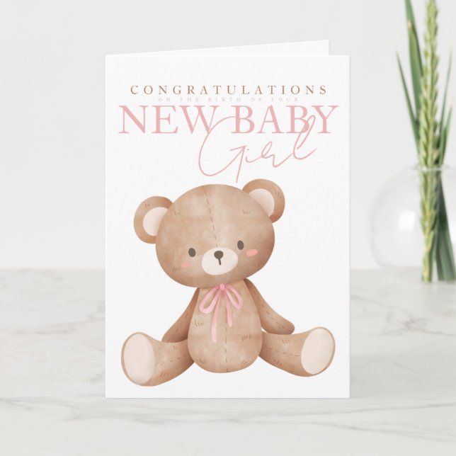 Söt teddybjörn Ny babyflicka Grattis Helgkort (Framsida)