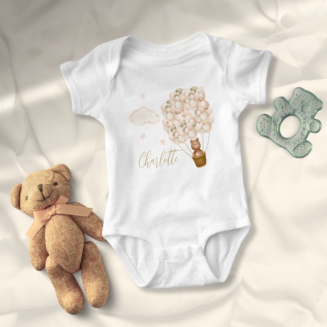 Söt teddybjörn och ballonger i guldskrift t shirt (Cute Teddy Bear And Balloons Gold Script Baby Bodysuit)