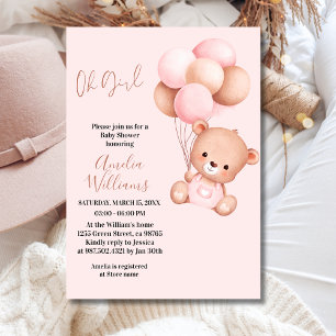 Söt Teddybjörn Oh Flickan Rosa Ballong Bebis Showe Inbjudningar