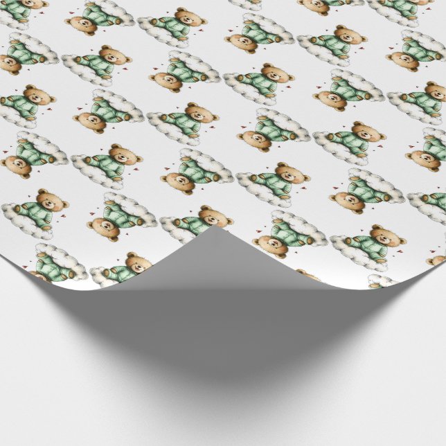 Söt teddybjörn på en fluffig moln gröna pyjamas presentpapper (Hörn)
