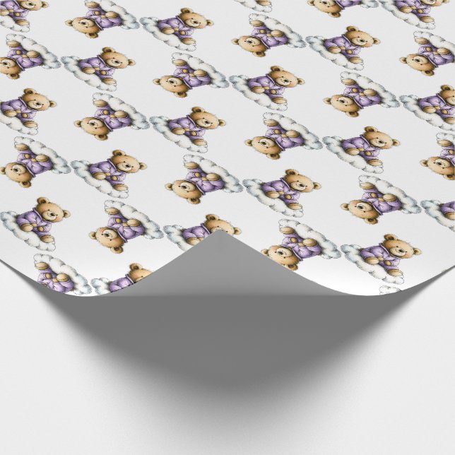 Söt teddybjörn på en fluffig moln lila pyjamas presentpapper (Hörn)
