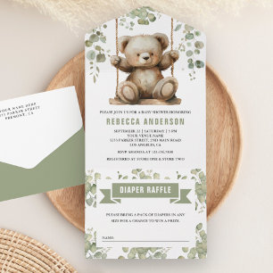 Söt teddybjörn på en gunga Eukalyptus babyfirande