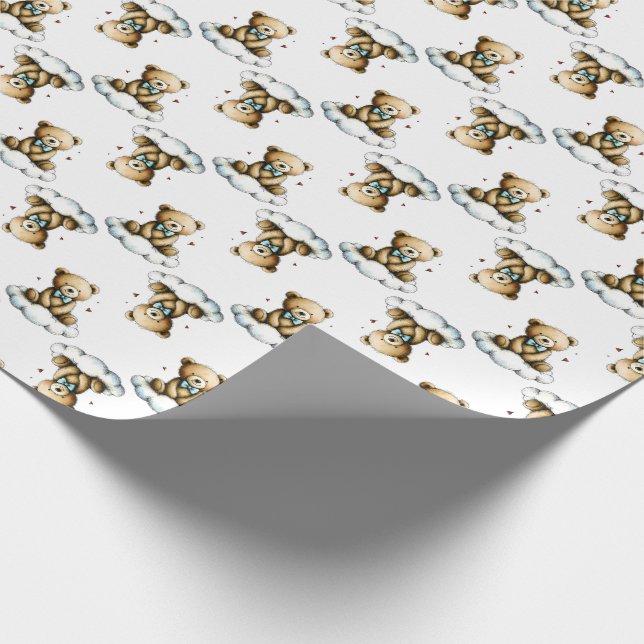 Söt teddybjörn på fluffig moln blå fluga presentpapper (Hörn)