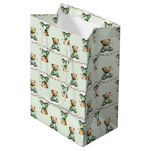 Söt teddybjörn på moln gröna pyjamas (Framsidan Vinklad)
