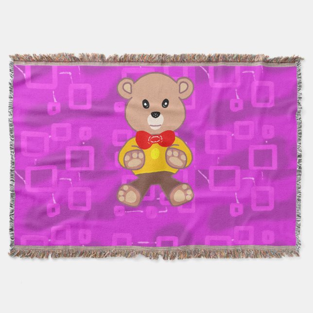 Söt teddybjörn på rosa geometrisk  filt (Framsidan)