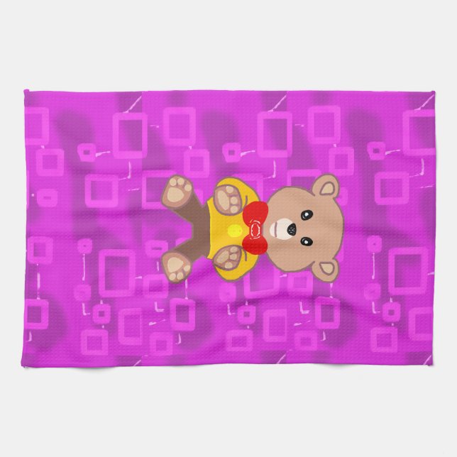 Söt teddybjörn på rosa geometrisk  kökshandduk (Horisontell)