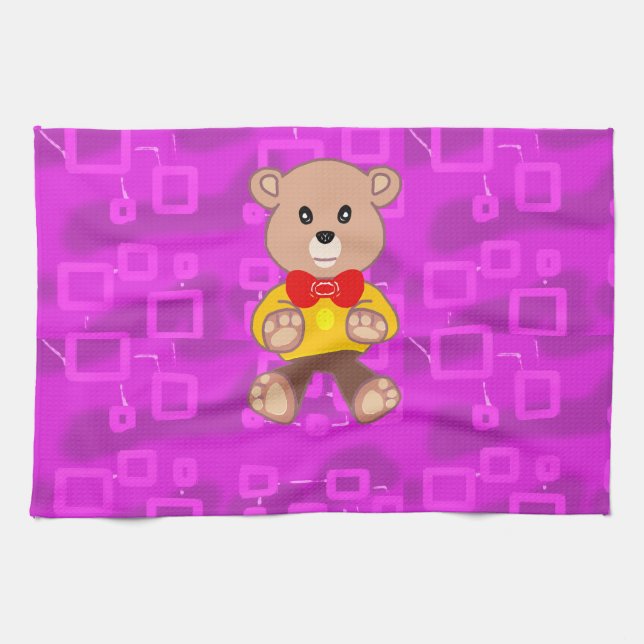 Söt teddybjörn på rosa geometrisk  kökshandduk (Horisontell)