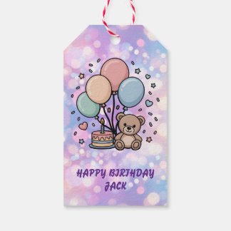 Söt Teddybjörn & Pastellfärgade Ballonger Födelsed Presentetikett