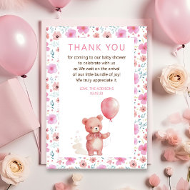 Söt Teddybjörn Rosa Ballong Flickebarn Baby Shower Tack Kort