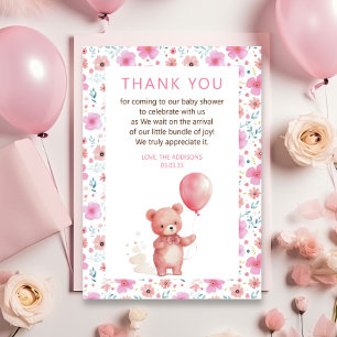 Söt Teddybjörn Rosa Ballong Flickebarn Baby Shower Tack Kort