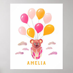 Söt Teddybjörn Rosa Ballonger Barns Namn Affisch