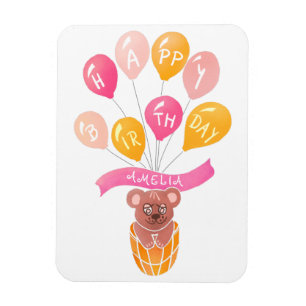 Söt Teddybjörn Rosa Ballonger Flicka Födelsedags K Magnet