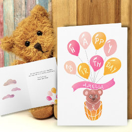 Söt Teddybjörn Rosa Ballonger Flickas Födelsedagsk Kort