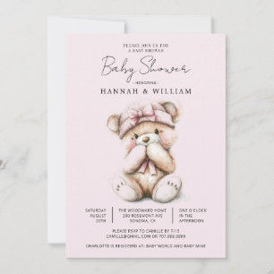 Söt Teddybjörn Rosa Flicka Bebis Baby Shower Inbjudningar