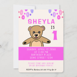 Söt Teddybjörn Rosa Flickas 1-års Födelsedagsfest Inbjudningar