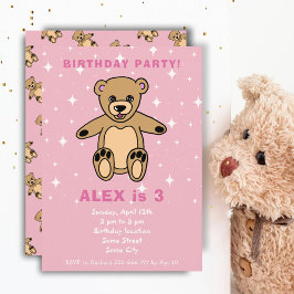 Söt Teddybjörn Rosa Flickfödelsedag Inbjudningar
