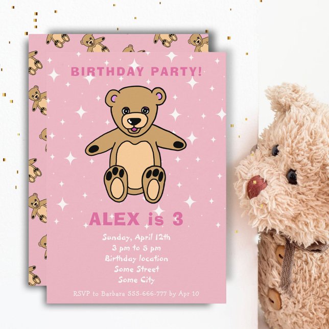 Söt Teddybjörn Rosa Flickfödelsedag Inbjudningar (Skapare uppladdad)