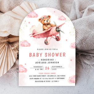 Söt Teddybjörn Rosa Flygplan Båge Baby Shower Inbjudningar