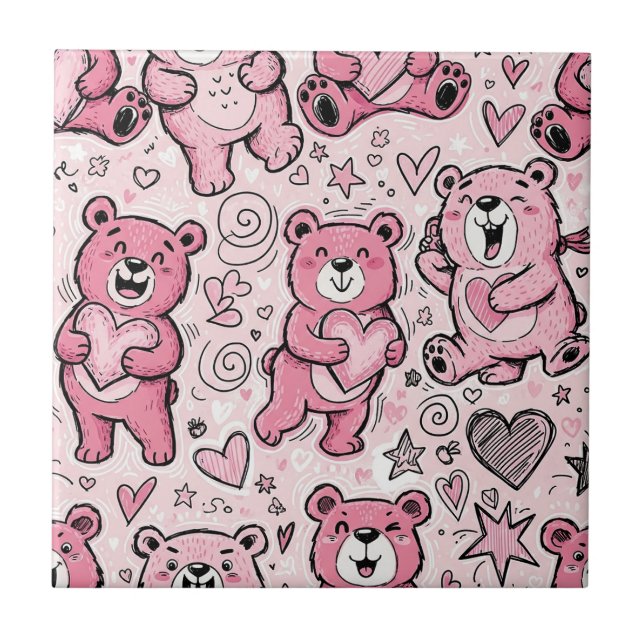 Söt Teddybjörn Rosa Mönster Kakelplatta (Framsidan)