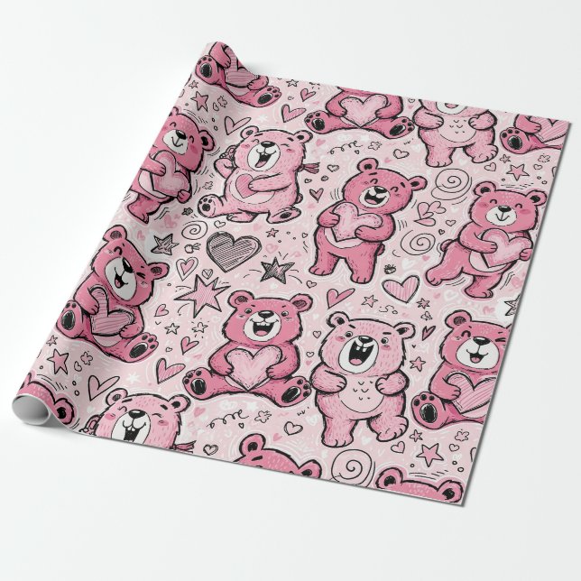 Söt Teddybjörn Rosa Mönster Presentpapper (Utrullad)