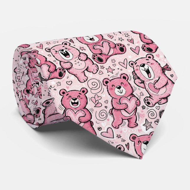 Söt Teddybjörn Rosa Mönster Slips (Rullad)