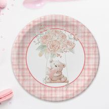 Söt teddybjörn Rosa rutmönstrad pappers tallrik