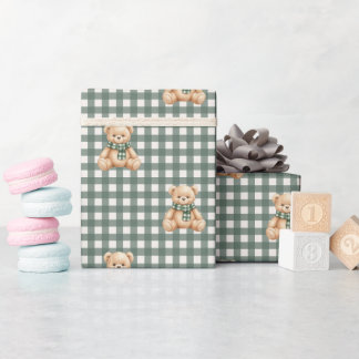 Söt teddybjörn rustik grön rutig presentpapper