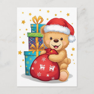 Söt Teddybjörn Santa Påse Jul Högtidskonst Helg Vykort