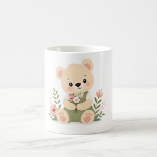 Söt teddybjörn som håller en bukett vilda blommor kaffemugg