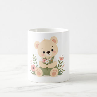 Söt teddybjörn som håller en bukett vilda blommor kaffemugg