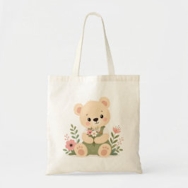 Söt teddybjörn som håller en bukett vilda blommor tygkasse