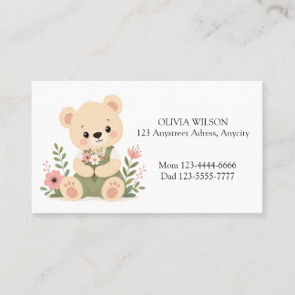 Söt teddybjörn som håller en bukett vilda blommor visitkort