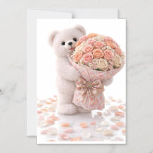 Söt teddybjörn som håller i en bukett med rosafärg