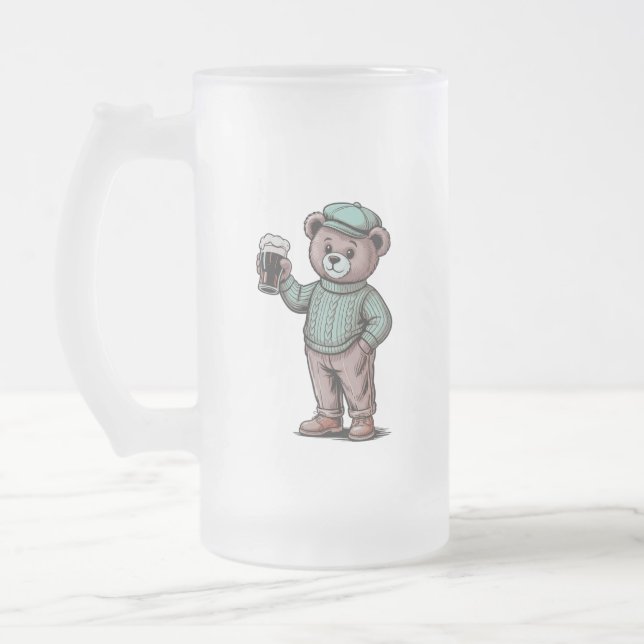 Söt teddybjörn som håller öl frostat ölglas (Vänster)