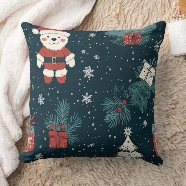 Söt teddybjörn & tomte på mörkgrön (1) kudde (Filt)