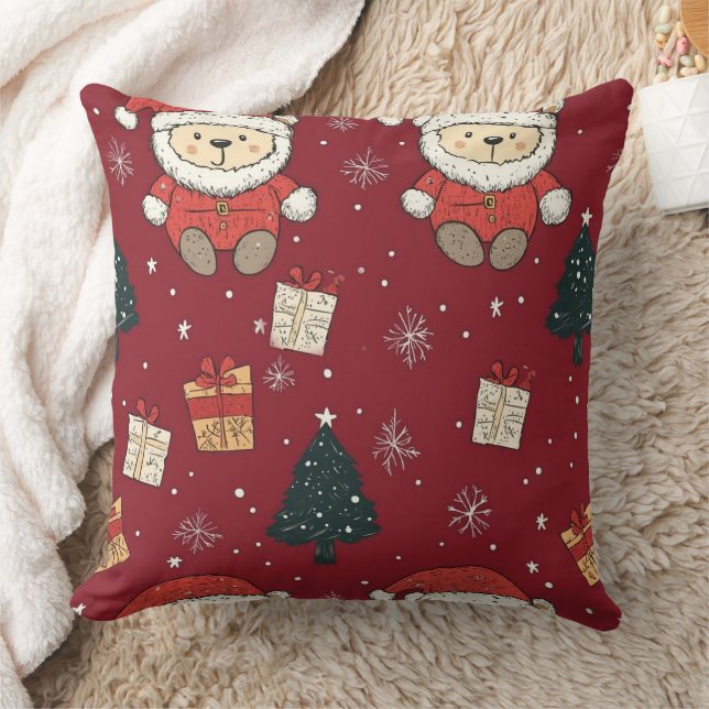 Söt teddybjörn & tomte på röd (1) kudde (Filt)