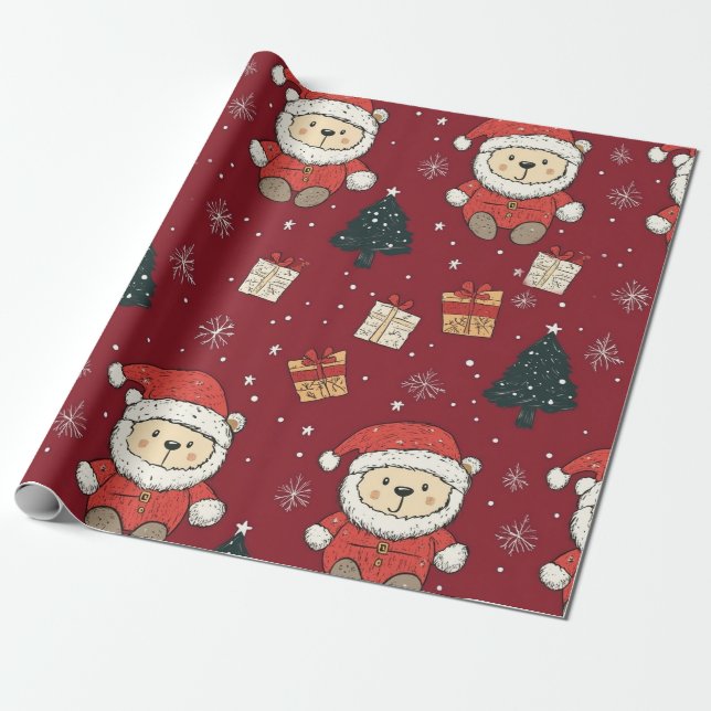 Söt teddybjörn & tomte på röd (1) presentpapper (Utrullad)