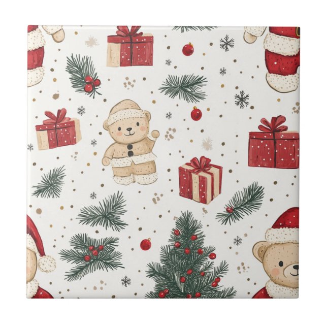Söt teddybjörn & tomte på vit (3) kakelplatta (Framsidan)