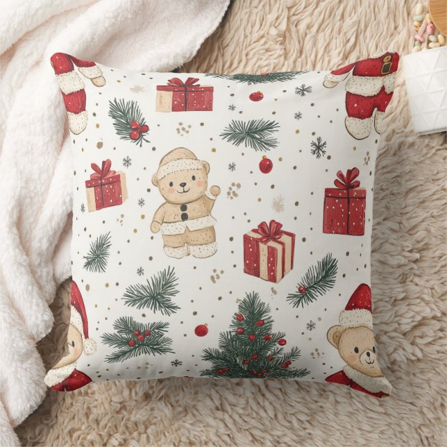 Söt teddybjörn & tomte på vit (3) kudde (Filt)