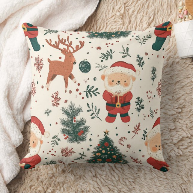 Söt teddybjörn & tomte på vit (4) kudde (Filt)