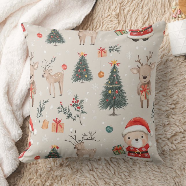 Söt teddybjörn & tomte på vit (5) kudde (Filt)