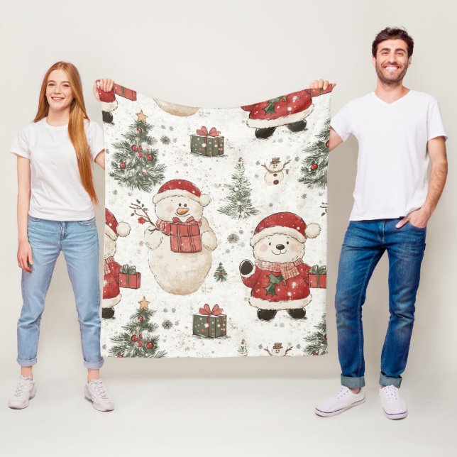 Söt teddybjörn & tomte på vit bakgrund (2) fleecefilt (På plats)