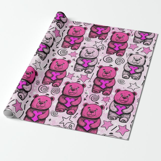 Söt teddybjörn valentinmönster presentpapper (Utrullad)