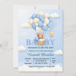 Söt Teddybjörn Varm luftballong Baby Shower Inbjud Inbjudningar