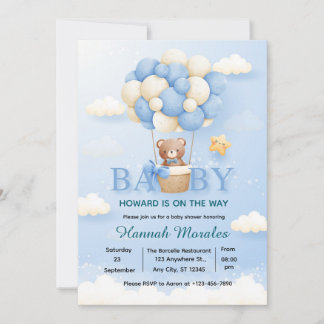 Söt Teddybjörn Varm luftballong Baby Shower Inbjud Inbjudningar