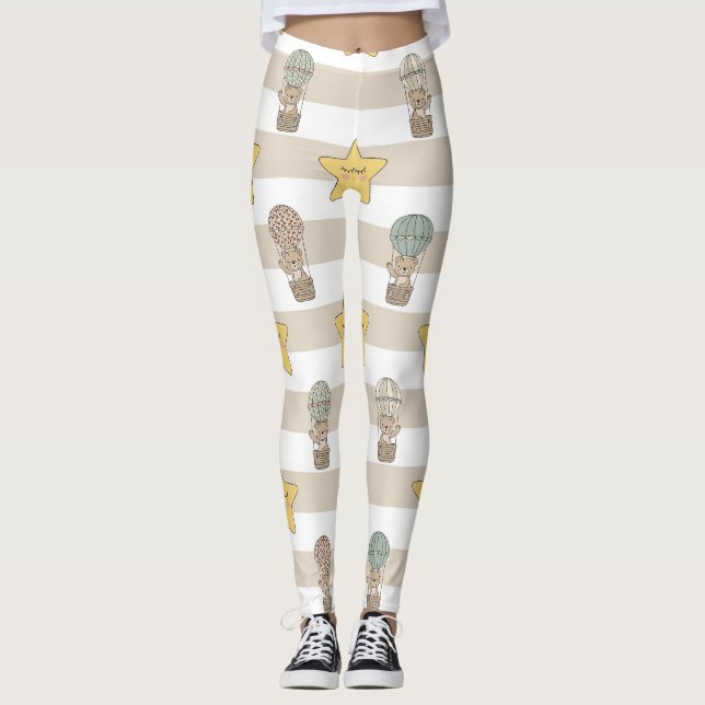 Söt teddybjörn varmluftsballong neutral mönster 1 leggings (Framsida)