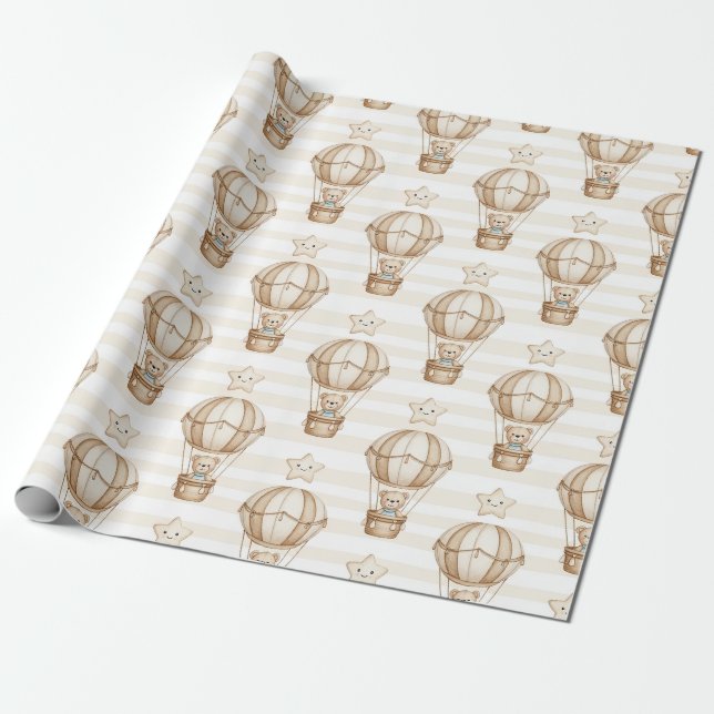 Söt teddybjörn varmluftsballong neutralt mönster 4 presentpapper (Utrullad)