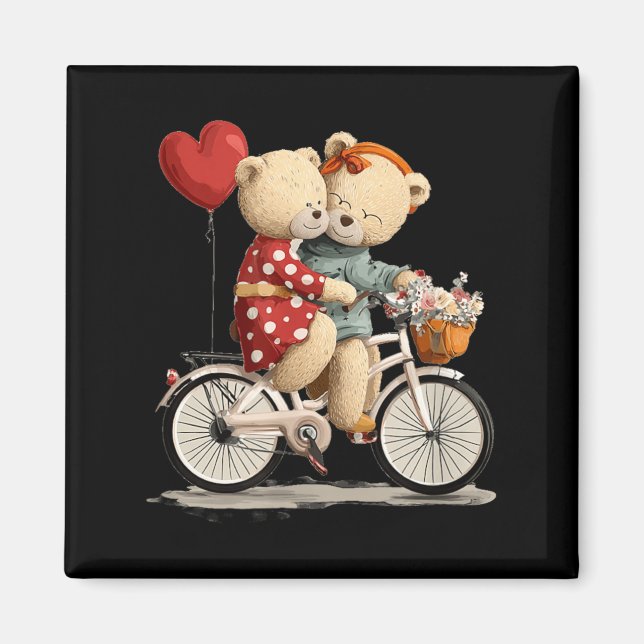 Söt teddybjörnpar med blombicykelgrafik magnet (Framsidan)