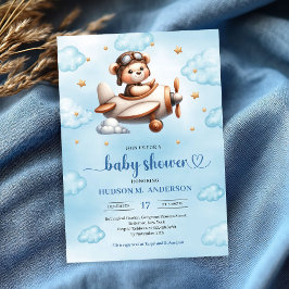 Söt Teddybjörnspilot Blå Brun Bebis Shower Inbjudningar