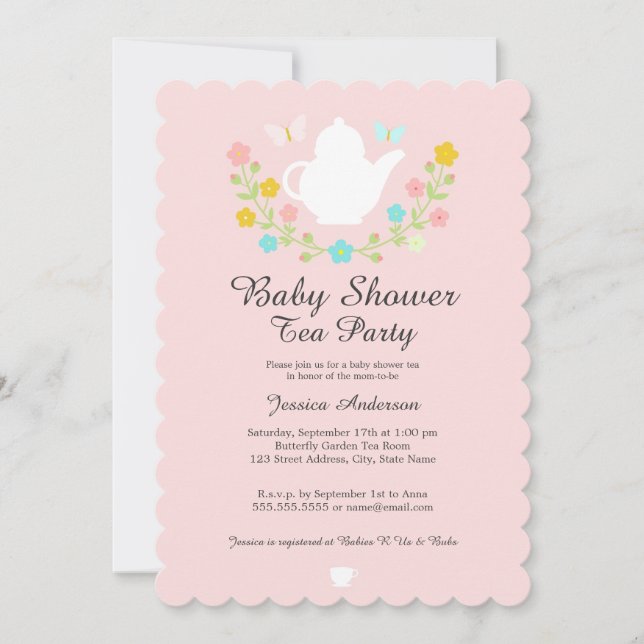 Söt Tekanna Rosa Blommig Baby Shower Inbjudningar (Framsida)